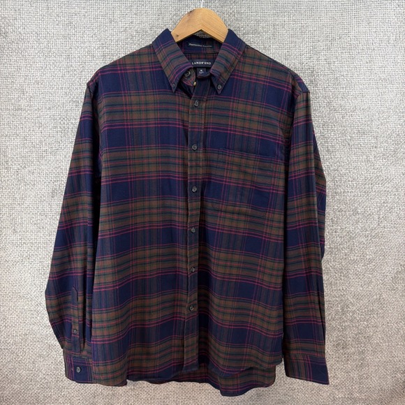 Vtg Lands End Mens Medium Portuguese Blue Plaid Cotton Flannel Button Down Shirt - Picture 2 of 12